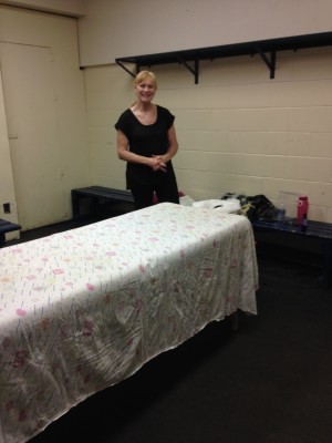 Hockey locker room converted to our happy place.